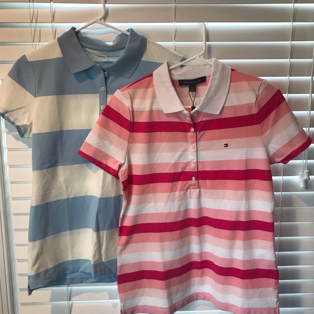 NWT. 2 Women’s short-sleeve Tommy Hilfiger striped polos. Size S. Extra button.